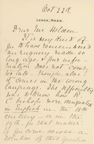 Wharton, Edith. (1862-1937) [Holden, Edward S. (1846-1914)] "I can re-christen the bishop at any time" - Autograph Letter about Naming a Character