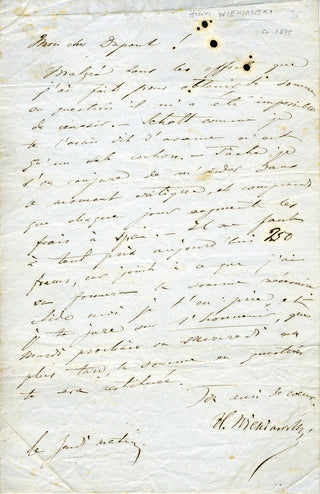 Wieniawski, Henri. (1835–1880) Autograph Letter Asking For Money