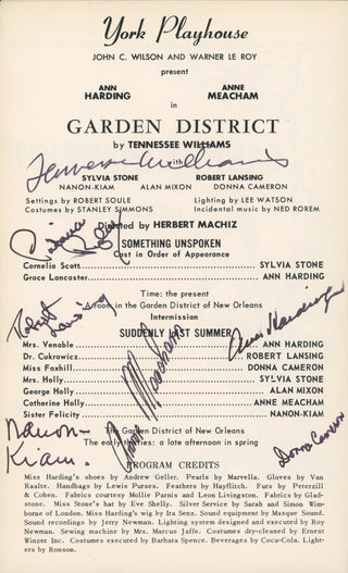 Williams, Tennessee. (1911-1983) & Harding, Ann. (1902-1981) & Lansing, Robert. (1928-1994) & Cameron, Donna. (1923-1995) & Ripley, Patricia. (1926-2018) & Meacham, Anne. (1925-2006) & Nanon-Liam. (?-?) "Garden District" - Signed Program