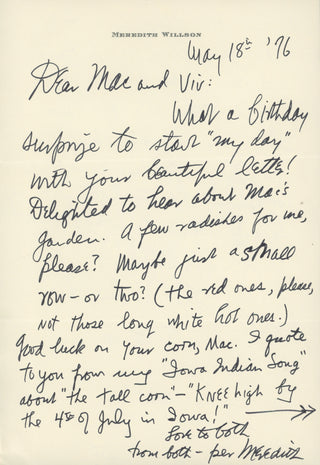 Willson, Meredith. (1902–1984) "A few radishes for me, please?" - Amusing Autograph Letter Signed