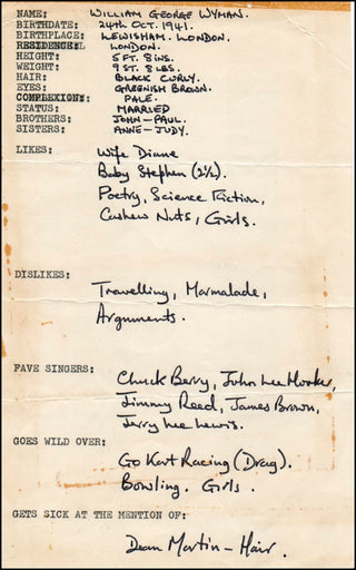 [Rolling Stones] Bill Wyman. (b. 1936) Handwritten questionnaire