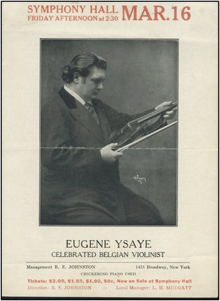 Ysaye, Eugene. (1858–1931) Boston Symphony Hall Concert Promotional Flyer