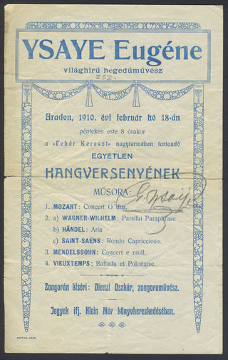 Ysaye, Eugene. (1858–1931) Signed 1910 Hungarian Playbill