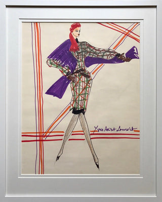 Saint Laurent, Yves. (1936–2008) Colorful Original Signed Design for a Plaid Dress and Purple Scarf