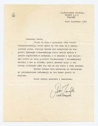 [Paderewski, Ignace Jan. (1860–1941)] Zamoyski, Adam. (b. 1949) Typed Letter Signed