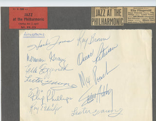 [Jazz at the Philharmonic] Fitzgerald, Ella. (1917–1996) & Roach, Max. (1924–2007) & Peterson, Oscar. (1925–2007) & Phillips, Flip. (1915–2001) & Jones, Hank. (1918–2010) & Young, Lester. (1909–1959) & Eldridge, Roy. (1911–1989) & Brown, Ray. (1926–2002)