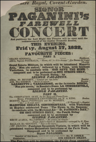 Paganini, Nicolò. (1782–1840) Broadside: Signor Paganini's Farewell Concert (1832)