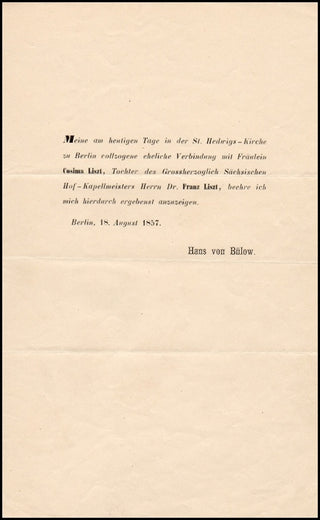 Bülow, Hans Von. (1830–1894) Original Printed Announcement of Marriage to Cosima Liszt